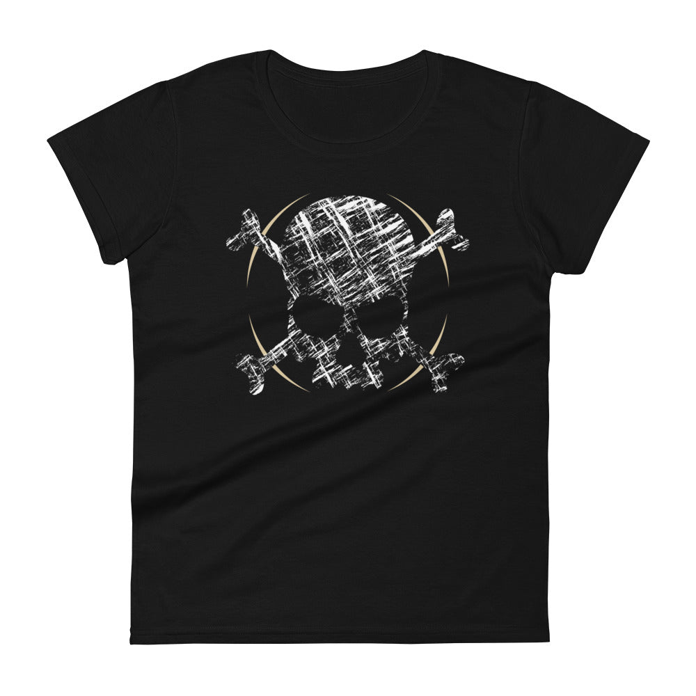 A black t-shirt adorned with a roughly cross-hatched skull and crossbones in white.  Solid gold arcs give the image the impression of movement towards the end of the crossbones.