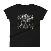 A black t-shirt adorned with a roughly cross-hatched skull and crossbones in white.  Solid gold arcs give the image the impression of movement towards the end of the crossbones.