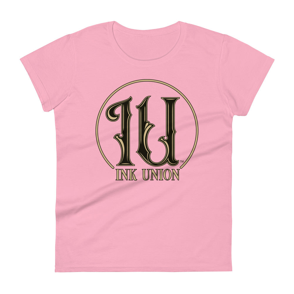 Ink Union Clothing Co. pink t-shirt featuring the Ink Union ring logo in black and gold.