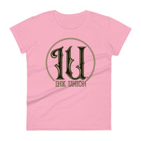 Ink Union Clothing Co. pink t-shirt featuring the Ink Union ring logo in black and gold.