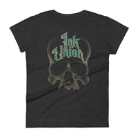 A dark grey t-shirt adorned with a gold dot work human skull  and the words Ink Union in fancy gold and green lettering across the forehead of the skull.
