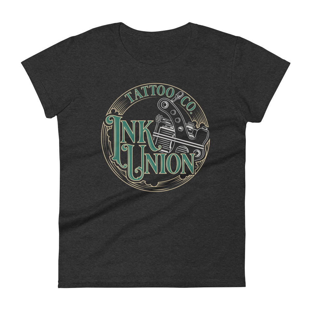 A dark grey t-shirt adorned with the Ink Union Tattoo Co. green and gold with a Silver tattoo machine logo.