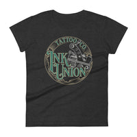 A dark grey t-shirt adorned with the Ink Union Tattoo Co. green and gold with a Silver tattoo machine logo.