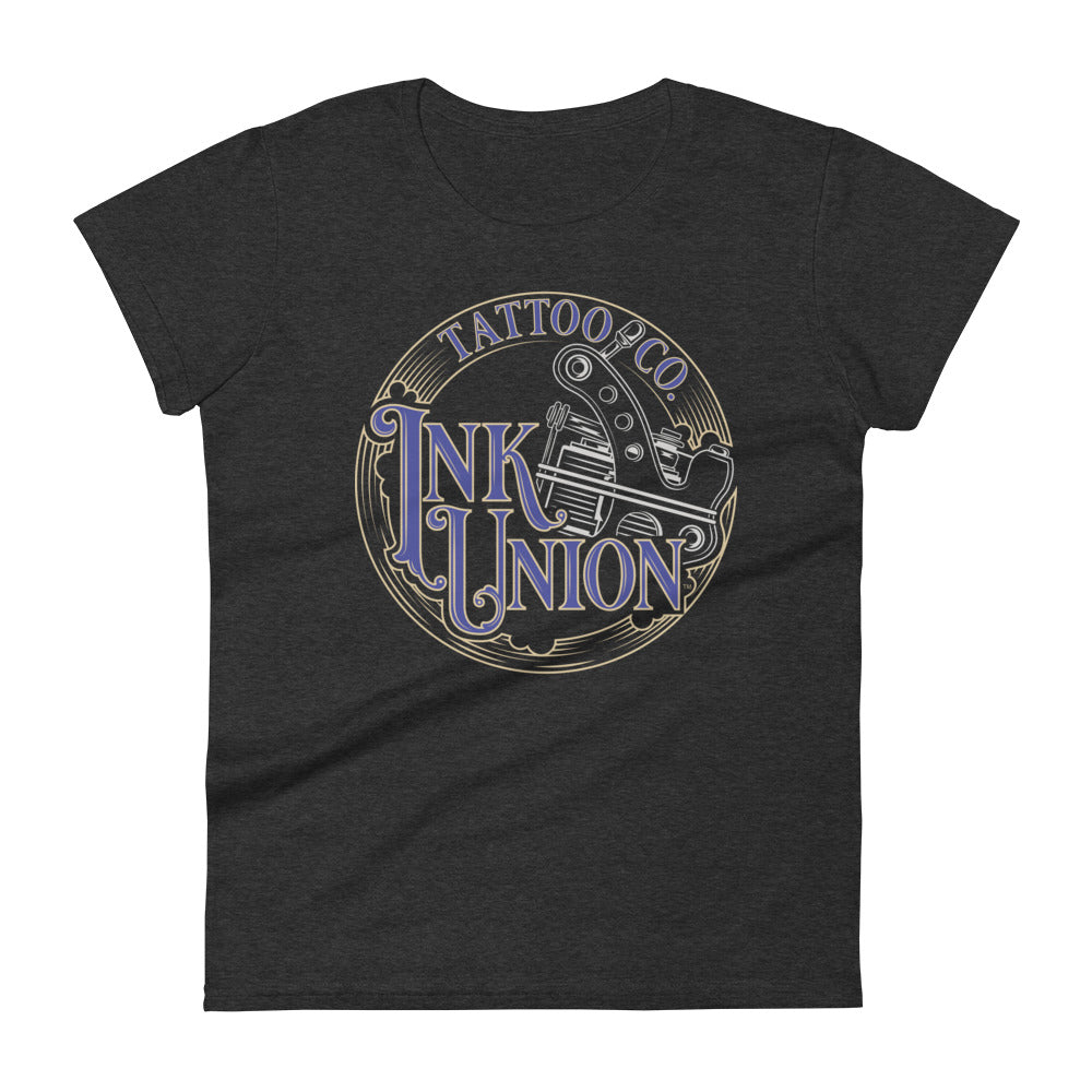 A dark grey t-shirt adorned with the Ink Union Tattoo Co. blue and gold with a silver tattoo machine logo.