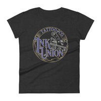 A dark grey t-shirt adorned with the Ink Union Tattoo Co. blue and gold with a silver tattoo machine logo.