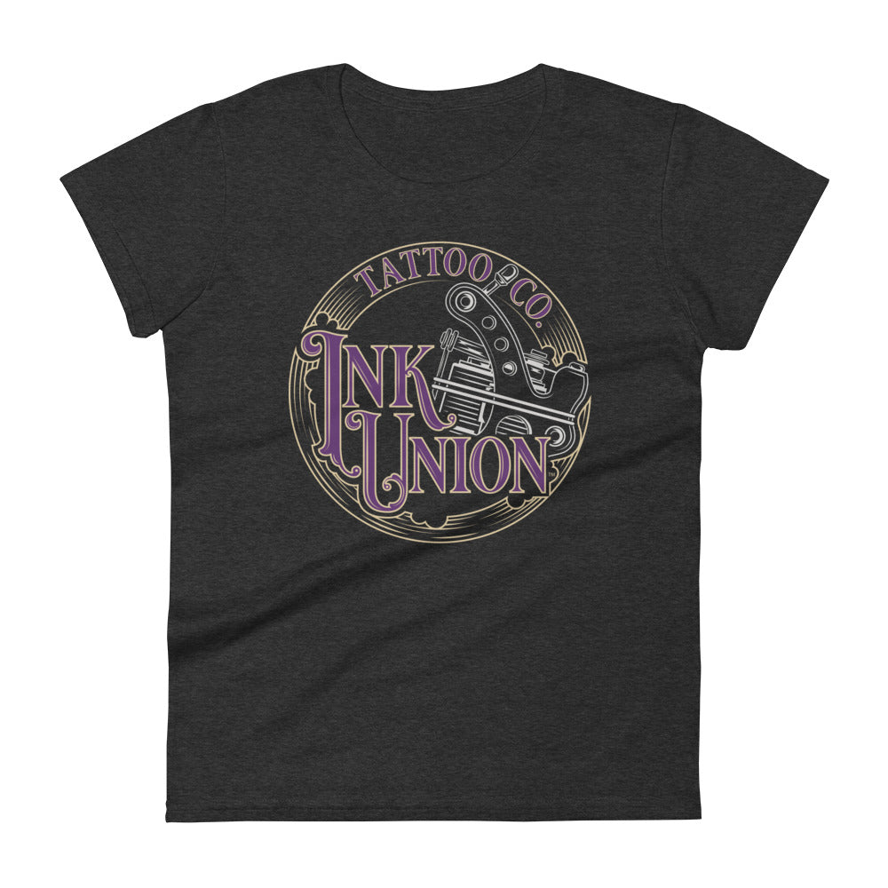 A dark grey t-shirt adorned with the Ink Union Tattoo Co. purple and gold with a silver tattoo machine logo.