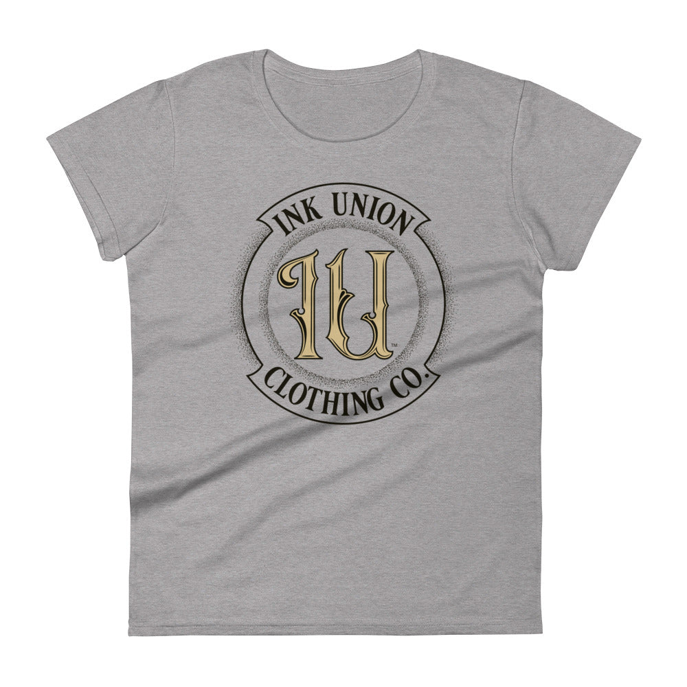 A light grey t-shirt with the Ink Union Clothing Co Badge logo in black and gold centered on the front of the shirt.