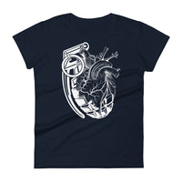 A navy t-shirt with a white grenade that is partially morphed into an anatomical heart.
