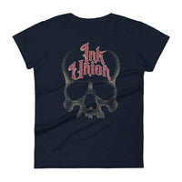 A navy t-shirt with a gold dot work human skull and the words Ink Union in fancy gold and red lettering across the forehead of the skull.