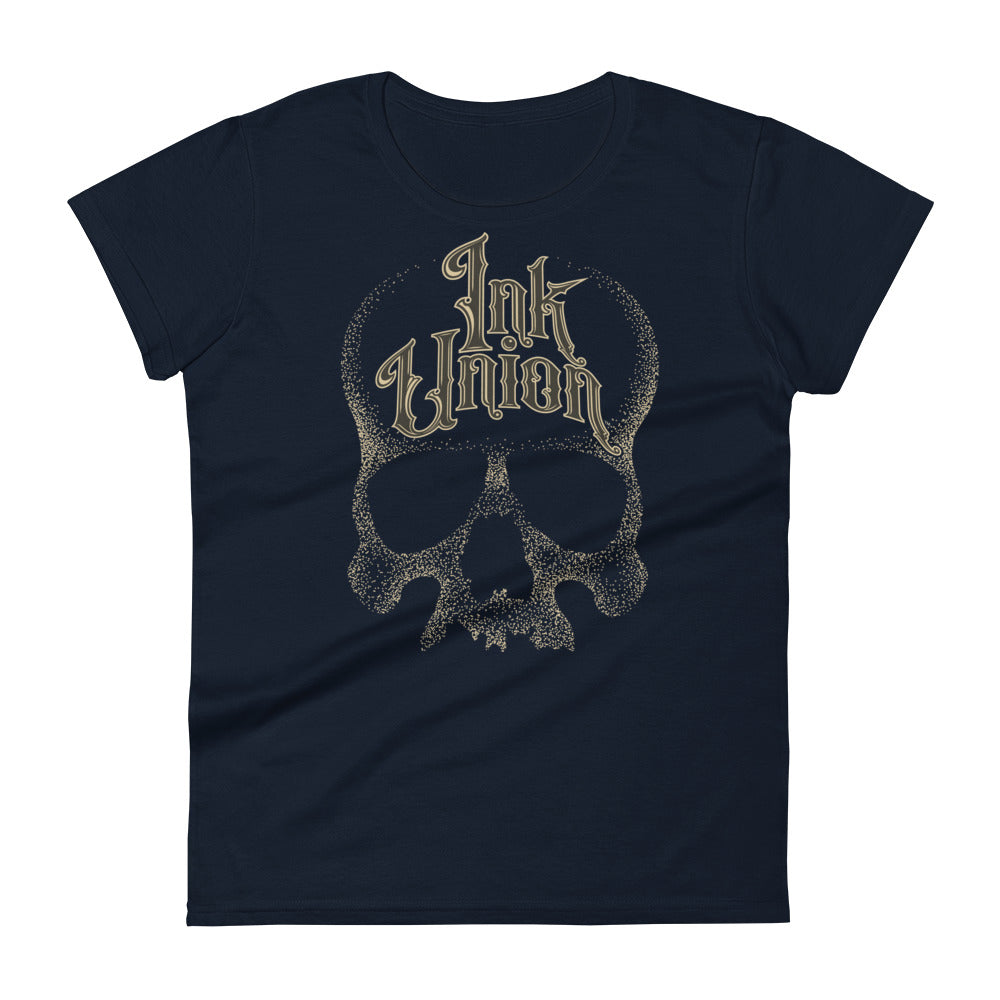 A navy t-shirt with a gold dot work human skull and the words Ink Union in fancy gold and black lettering across the forehead of the skull.