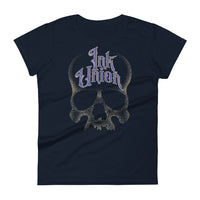 A Navy t-shirt background with a gold dot work human skull and the words Ink Union in fancy gold and blue lettering across the forehead of the skull.