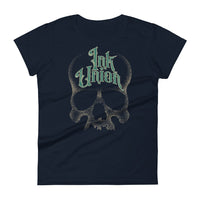 A navy blue t-shirt  adorned with a gold dot work human skull and the words Ink Union in fancy gold and green lettering across the forehead of the skull.