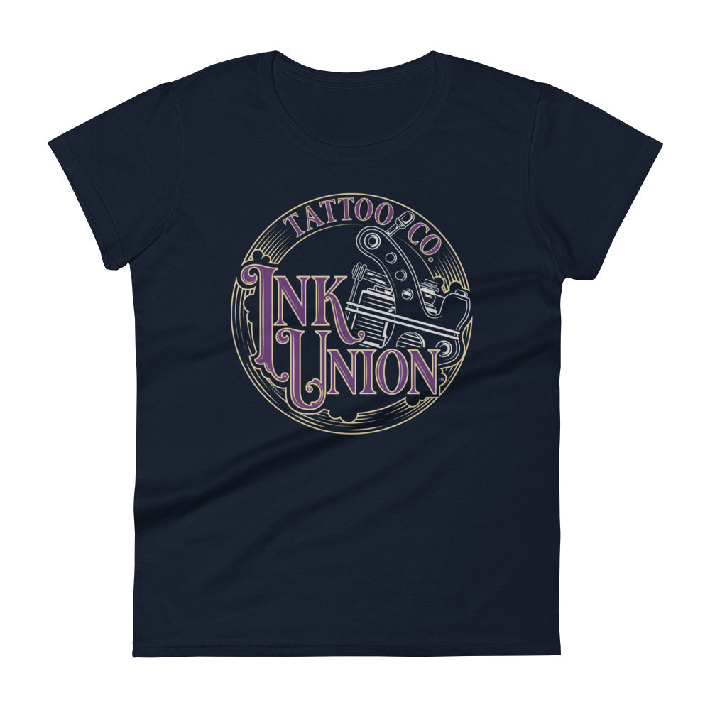 A navy-blue t-shirt adorned with the Ink Union Tattoo Co. purple and gold with a silver tattoo machine logo.