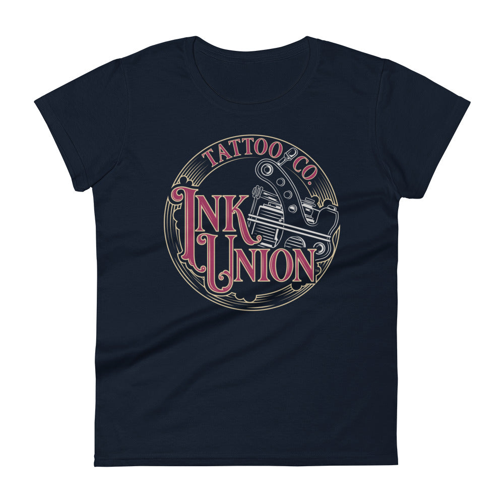 A navy-blue t-shirt adorned with the Ink Union Tattoo Co. red and gold with a silver tattoo machine logo.