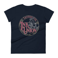 A navy-blue t-shirt adorned with the Ink Union Tattoo Co. red and gold with a silver tattoo machine logo.