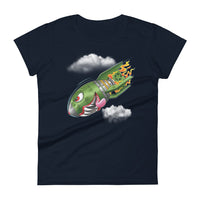 A navy blue t-shirt with a military green neo-traditional bomb tattoo design. The bomb is falling with a look of determination in its eyes, an evil toothy grin, and its tongue hanging out of its mouth. Flames are coming from the back of the bomb, and some clouds are in the background.