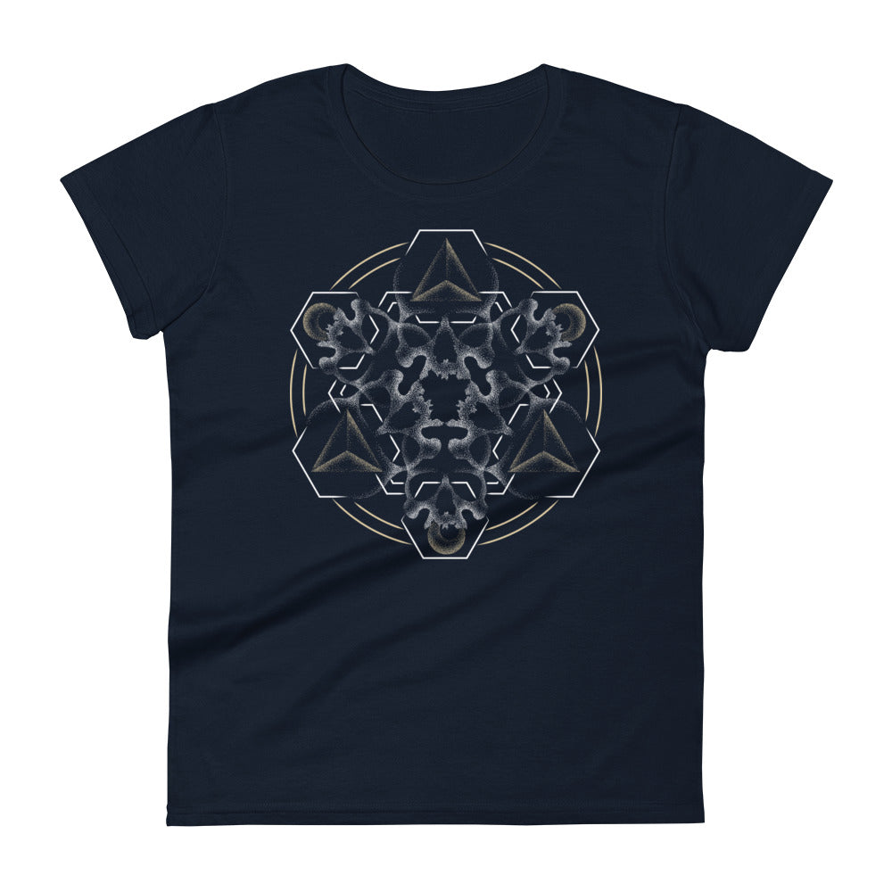 A navy t-shirt with a mandala built from white dot work skulls and gold and white geometric shapes.