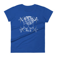 A blue t-shirt adorned with a roughly cross-hatched skull and crossbones in white.  Solid gold arcs give the image the impression of movement towards the end of the crossbones.