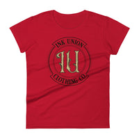A cardinal red t-shirt with the Ink Union Clothing Co Badge logo in black and gold centered on the front of the shirt.