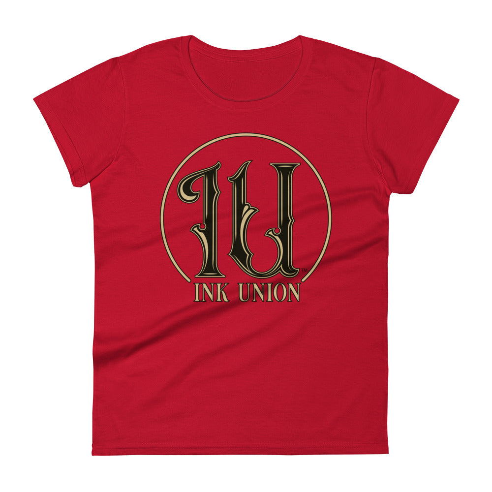 Ink Union Clothing Co. red t-shirt featuring the Ink Union ring logo in black and gold.