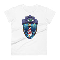 A white t-shirt with an old school eye of the storm tattoo design of large dark purple storm clouds at the top of the design with a green eye in the middle of the clouds.  Below the clouds is an oval shape with brown rope. Inside the rope are stormy seas and a lighthouse with lightning striking in the background.  At the bottom of the design, some of the waves are spilling out of the rope barrier. The sky and seas are hues of blue; the lighthouse is white and red striped like a barber pole.