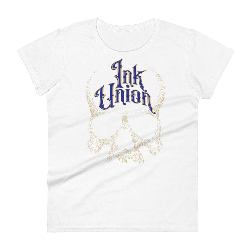 A white t-shirt adorned with a gold dot work human skull  and the words Ink Union in fancy gold and blue lettering across the forehead of the skull.