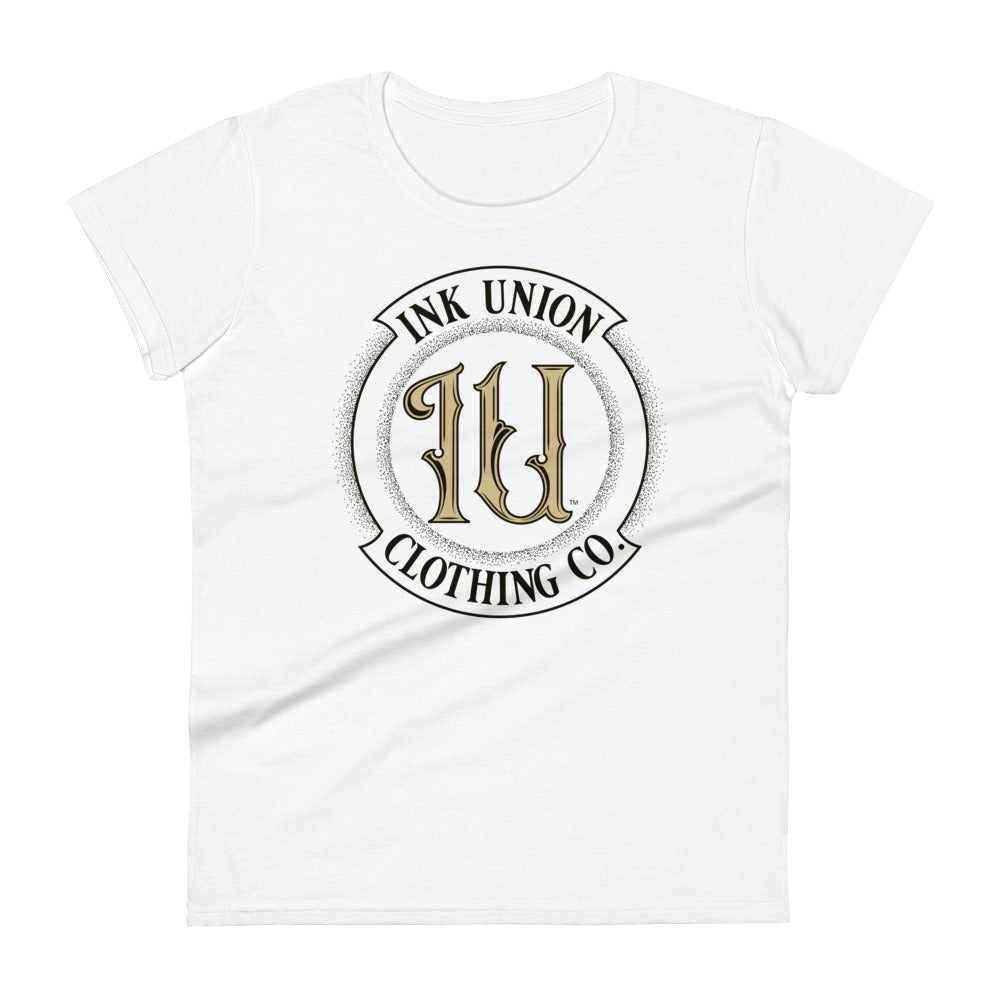 A white t-shirt with the Ink Union Clothing Co Badge logo in black and gold centered on the front of the shirt.