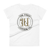 A white t-shirt with the Ink Union Clothing Co Badge logo in black and gold centered on the front of the shirt.
