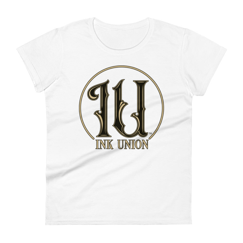 Ink Union Clothing Co. white t-shirt featuring the Ink Union ring logo in black and gold.