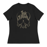 A black t-shirt with a gold dot work human skull and the words Ink Union in fancy gold and black lettering across the forehead of the skull.