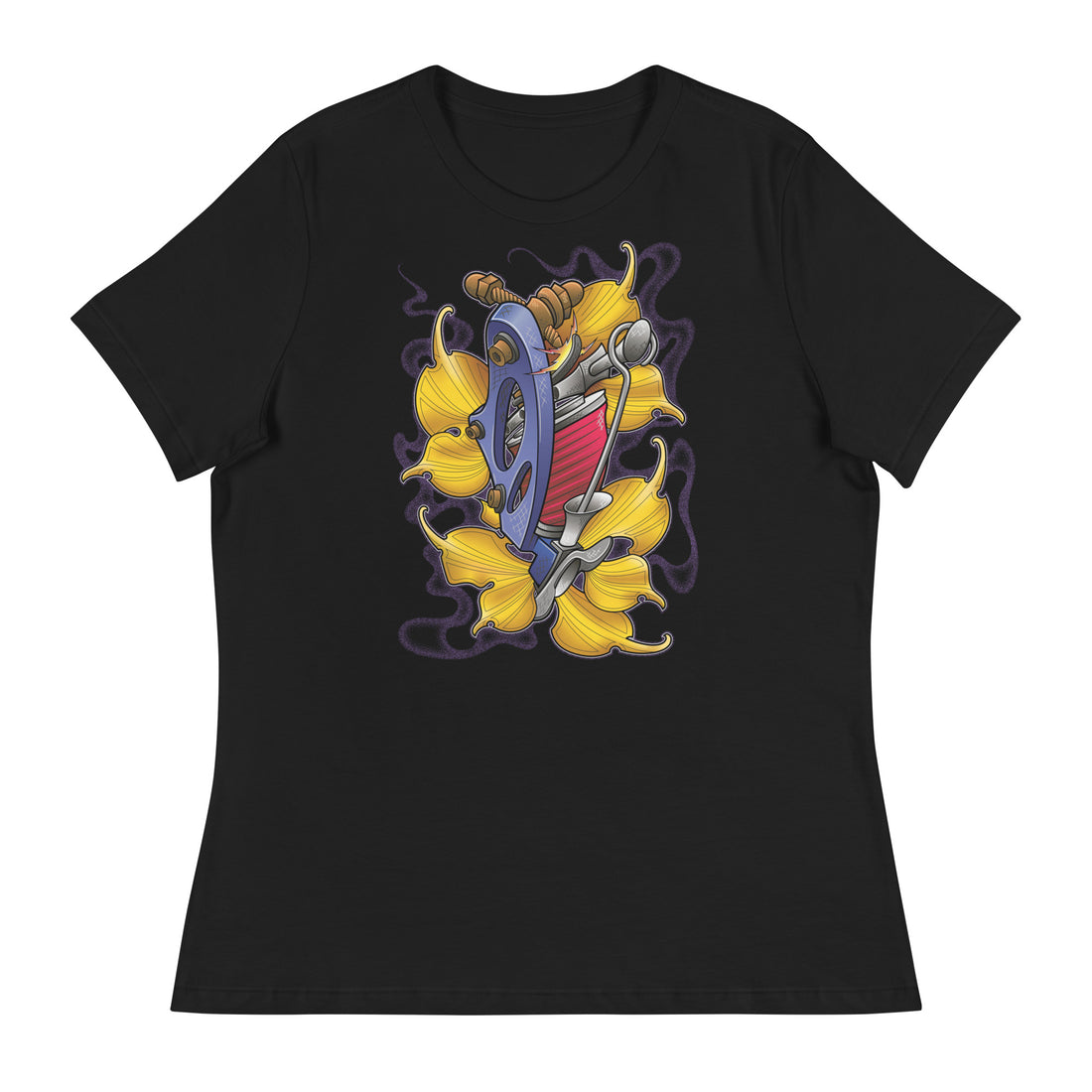A black t-shirt with a bed of yellow ginkgo leaves and a blue tattoo machine popping out of the leaves. There is a purple mist in the background.