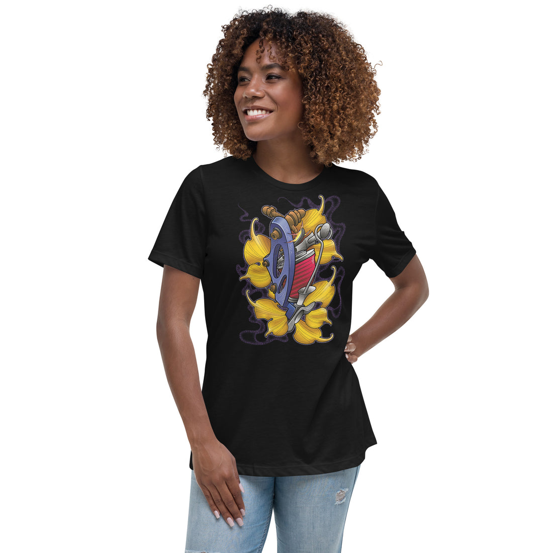 An attractive woman wearing a black t-shirt with a bed of yellow ginkgo leaves and a blue tattoo machine popping out of the leaves. There is a purple mist in the background.