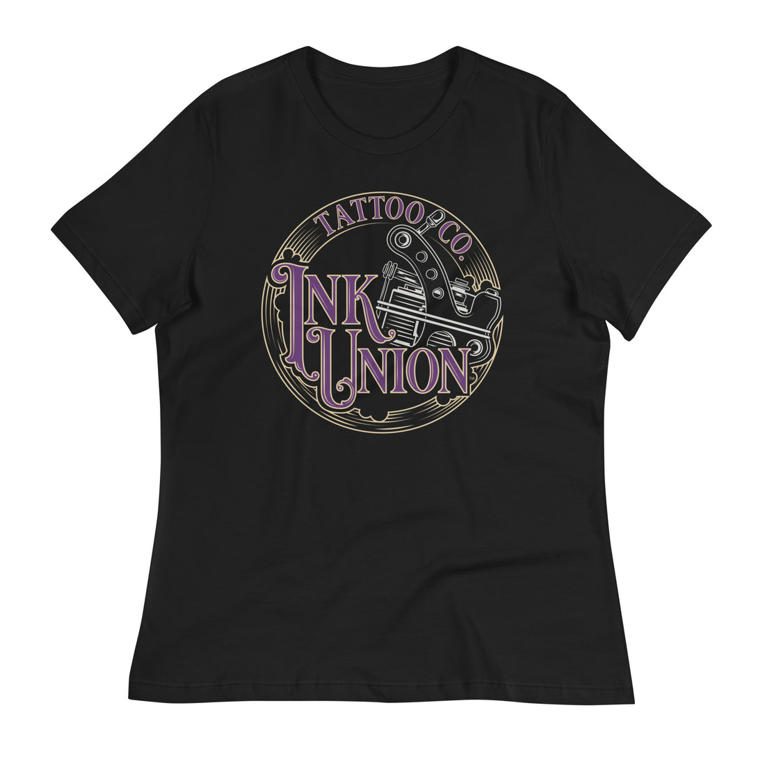 A black t-shirt adorned with the Ink Union Tattoo Co. purple and gold with a silver tattoo machine logo.