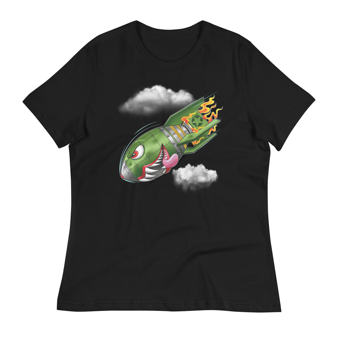 An orange t-shirt with a military green neo-traditional bomb tattoo design. The bomb is falling with a look of determination in its eyes, an evil toothy grin, and its tongue hanging out of its mouth. Flames are coming from the back of the bomb, and some clouds are in the background.