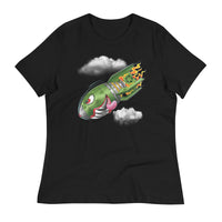 An orange t-shirt with a military green neo-traditional bomb tattoo design. The bomb is falling with a look of determination in its eyes, an evil toothy grin, and its tongue hanging out of its mouth. Flames are coming from the back of the bomb, and some clouds are in the background.