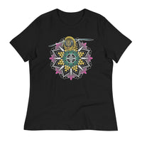 A black t-shirt with a mandala containing pink lotus flowers and honeycomb designs and a life-like honeybee flying toward you at the top of the mandala.