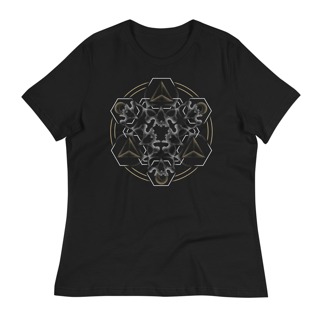 A black t-shirt with a mandala built from white dot work skulls and gold and white geometric shapes.