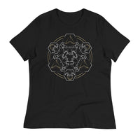 A black t-shirt with a mandala built from white dot work skulls and gold and white geometric shapes.