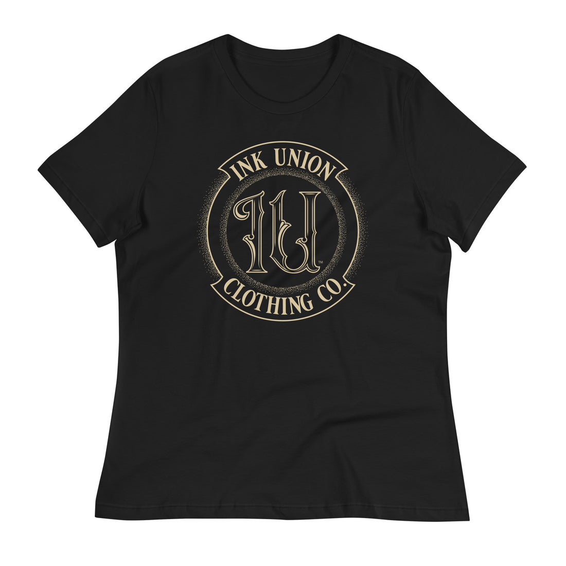 A black t-shirt adorned with the Ink Union Clothing Co gold badge logo containing fancy lettering and dot work gradients.