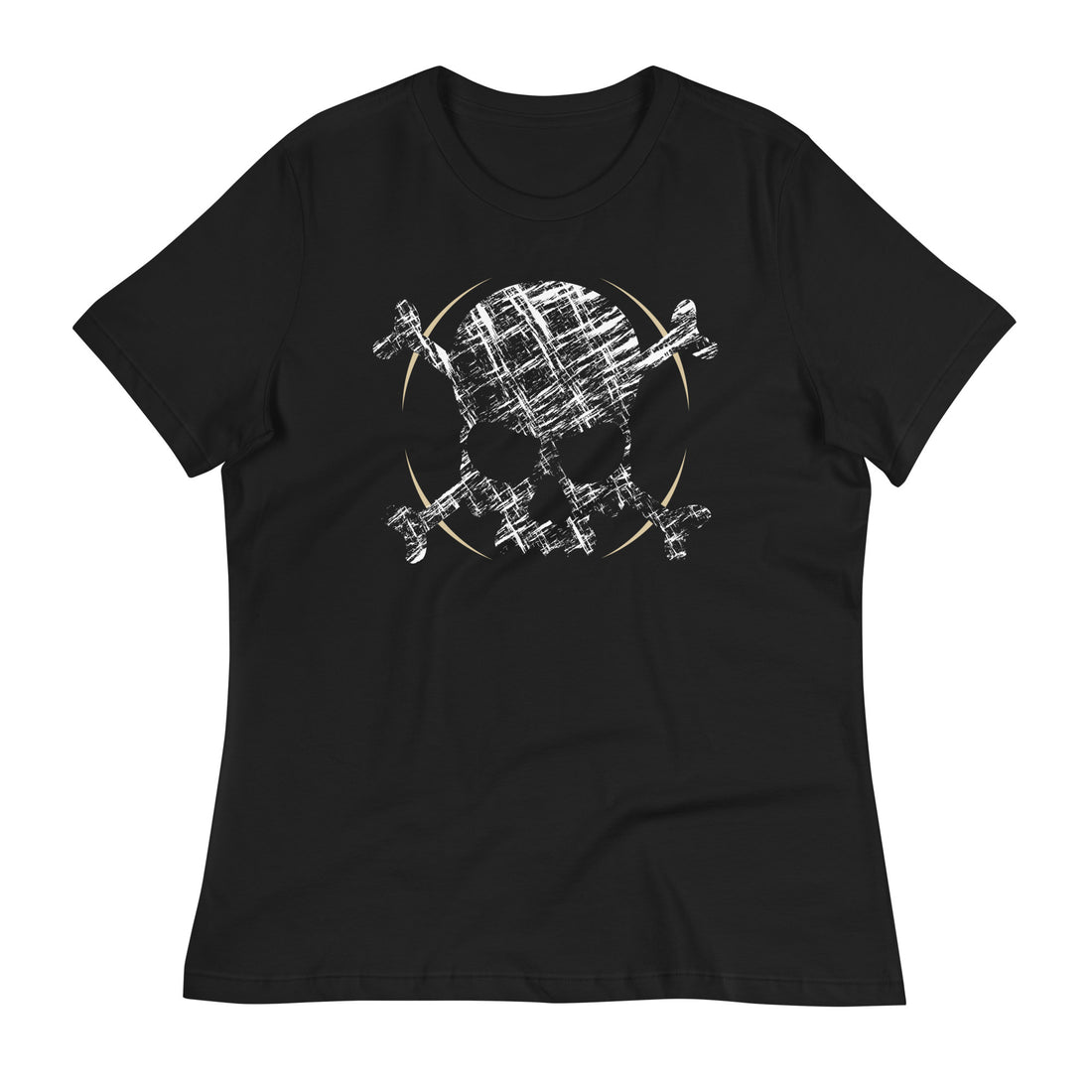 A black t-shirt adorned with a roughly cross-hatched skull and crossbones in white.  Solid gold arcs give the image the impression of movement towards the end of the crossbones.