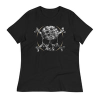 A black t-shirt adorned with a roughly cross-hatched skull and crossbones in white.  Solid gold arcs give the image the impression of movement towards the end of the crossbones.