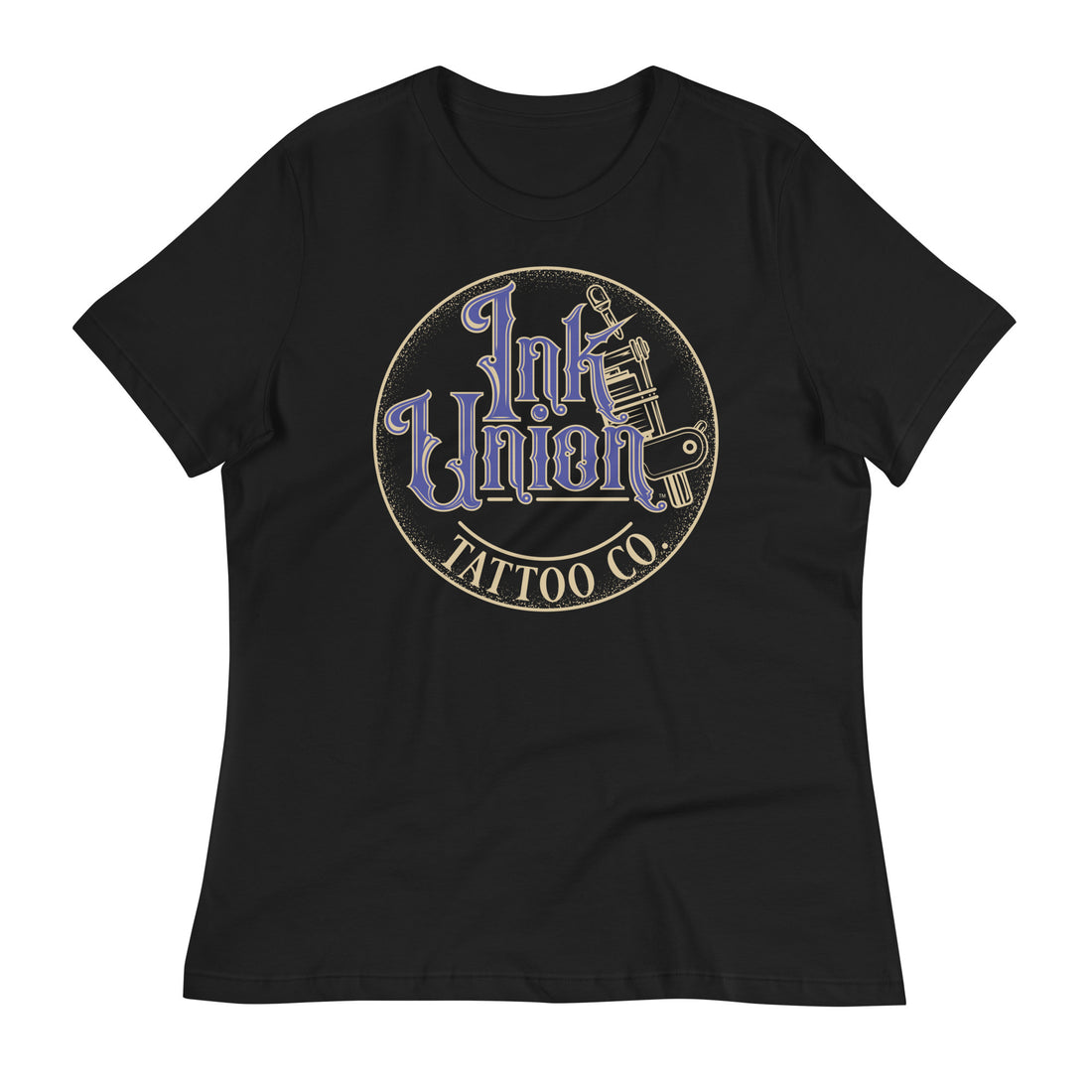 A black t-shirt with a gold circle containing fancy lettering in blue and gold that says Ink Union and a gold tattoo machine peeking out from behind on the right side.  There is a dot work gradient inside the circle, and the words Tattoo Co. in gold are at the bottom of the design.
