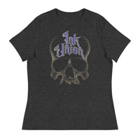 A dark grey t-shirt featuring a large dot work gold skull centered on the shirt and Ink Union in large fancy gold and blue script across the forehead of the skull