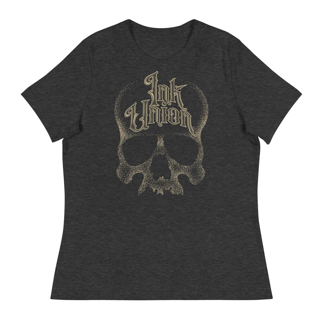 A dark grey t-shirt adorned with a gold dot work human skull  and the words Ink Union in fancy gold and black lettering across the forehead of the skull.