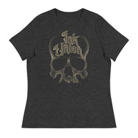 A dark grey t-shirt adorned with a gold dot work human skull  and the words Ink Union in fancy gold and black lettering across the forehead of the skull.