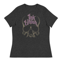 A dark grey t-shirt adorned with a gold dot work human skull  and the words Ink Union in fancy gold and purple lettering across the forehead of the skull.