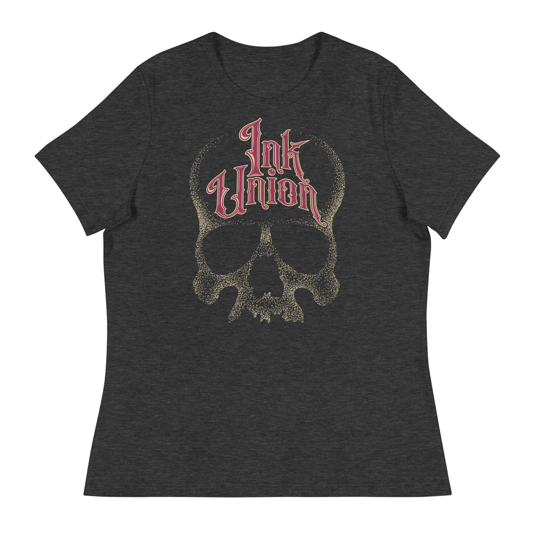 A dark grey t-shirt adorned with a gold dot work human skull  and the words Ink Union in fancy gold and red lettering across the forehead of the skull.