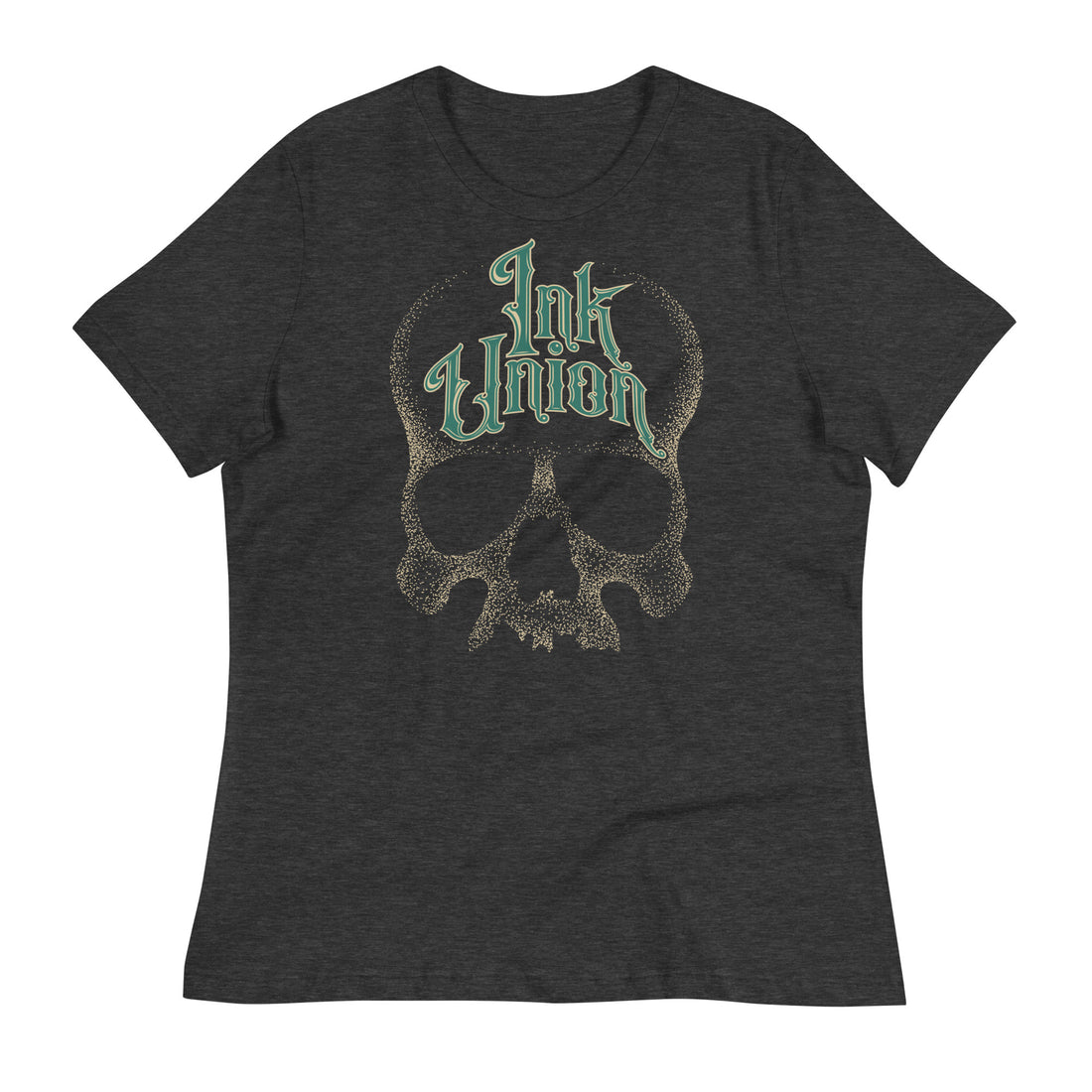 A dark grey t-shirt adorned with a gold dot work human skull  and the words Ink Union in fancy gold and green lettering across the forehead of the skull.