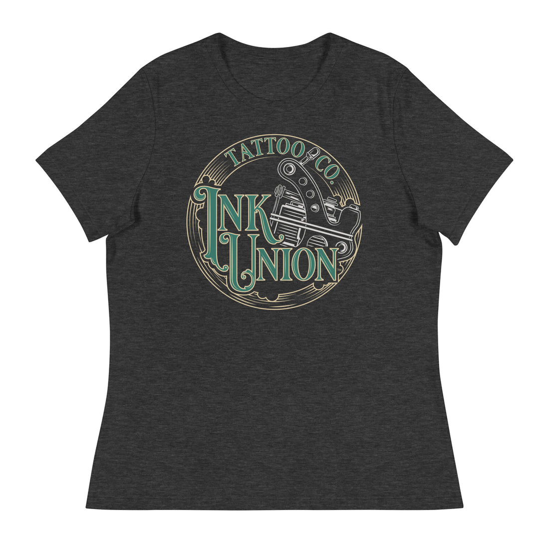 A dark grey t-shirt adorned with the Ink Union Tattoo Co. green and gold with a Silver tattoo machine logo.