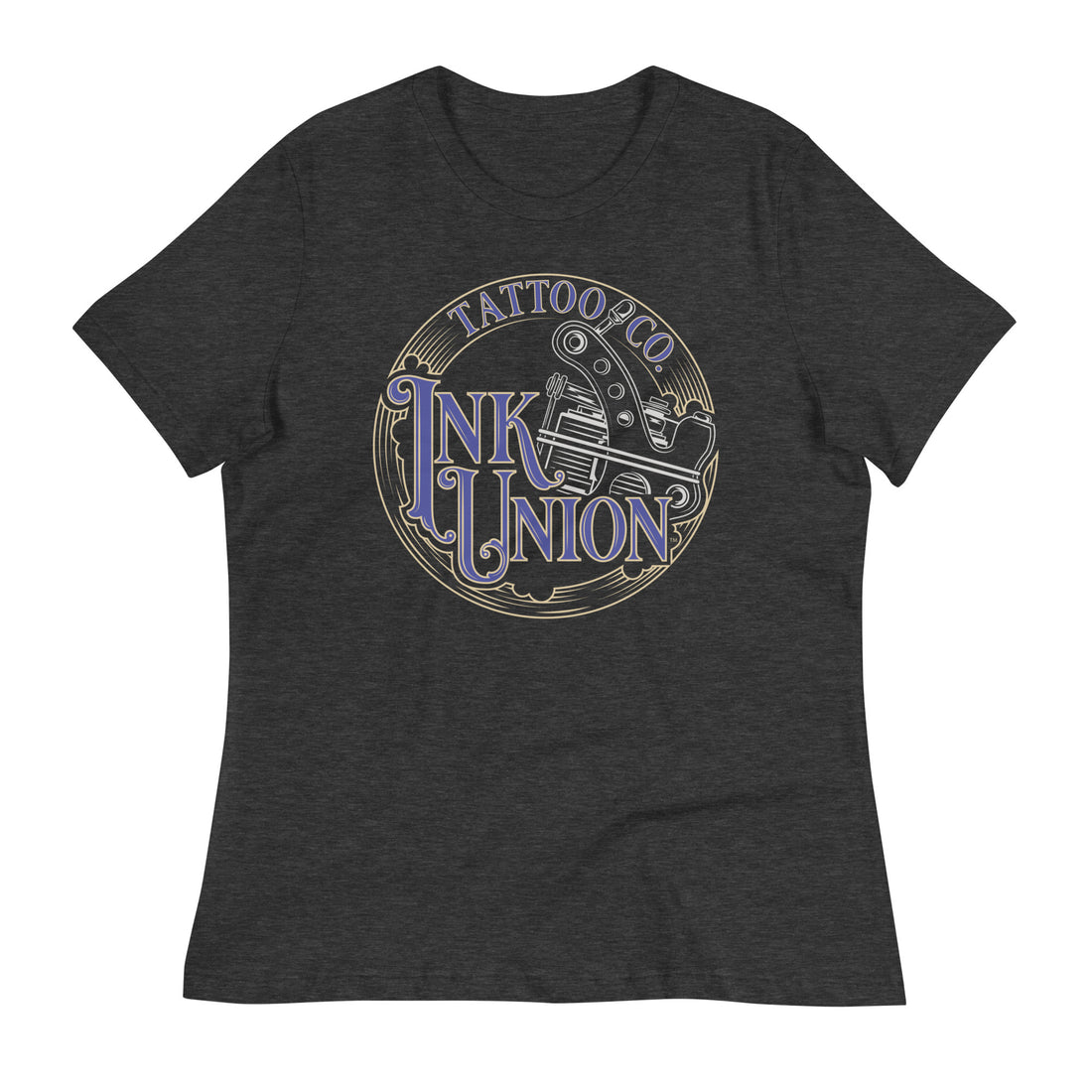 A dark grey t-shirt adorned with the Ink Union Tattoo Co. blue and gold with a silver tattoo machine logo.